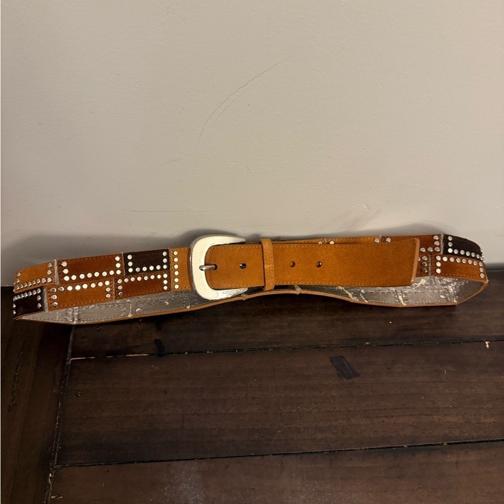 Michael Kors Studded Leather Belt Brown & Black Silver Buckle